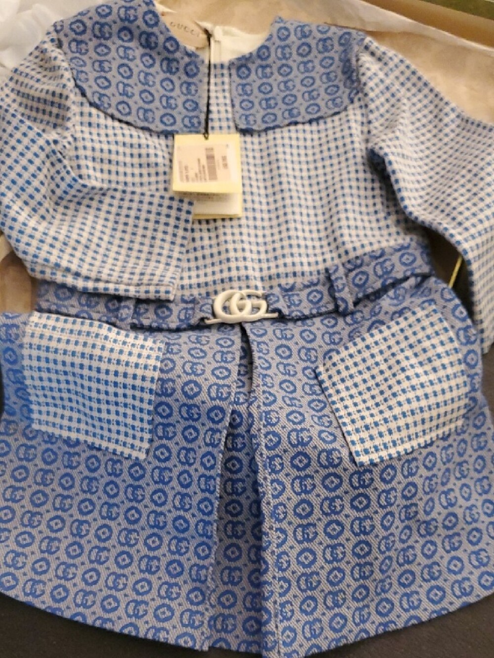 Gucci Blue & White Patterned Belted Dress with Double G Buckle. Flash $550 - Picture 2 of 11